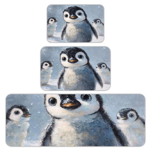 RKSupls Kitchen Rug Set 3 Piece Anti-Slip Flannel Floor Mats, Penguin Snow Winter Washable Absorbent Runner Mats for Kitchen Bathroom Home Decor