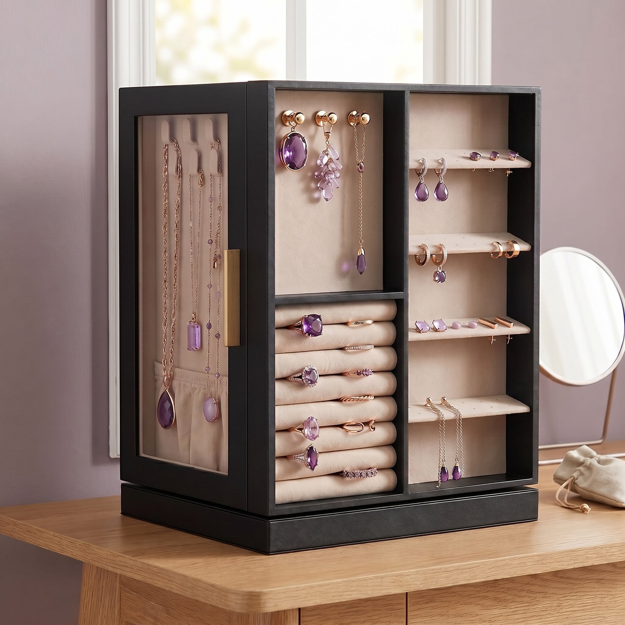 Nordic Hygge 360° Rotating 5-Drawer Jewelry Box with Glass Window, Graphite Black