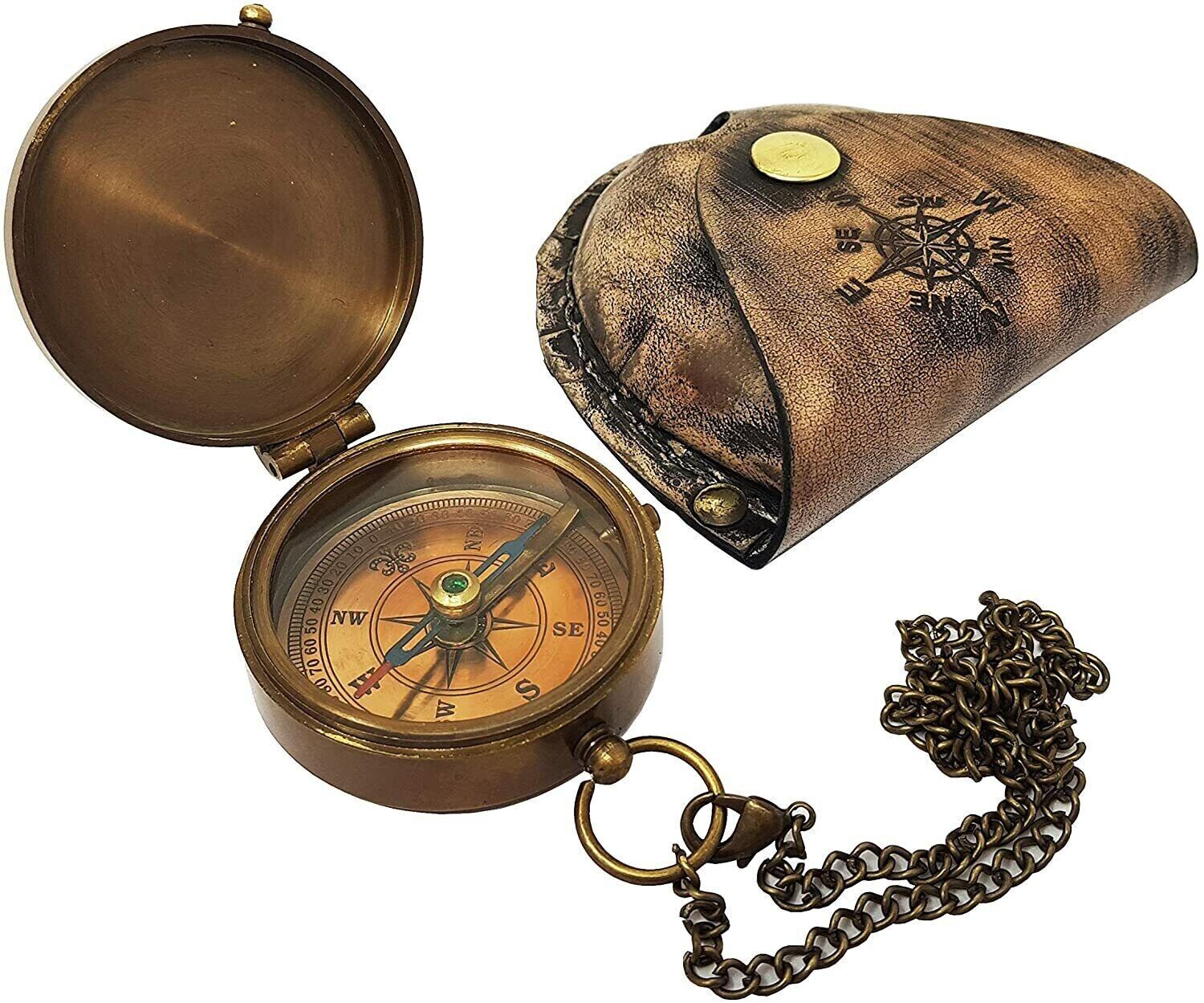 Lot Of 5 Handmade Vintage Reproduction Brass & Glass Pocket Compass Key Chains – Nautical Maritime Gift
