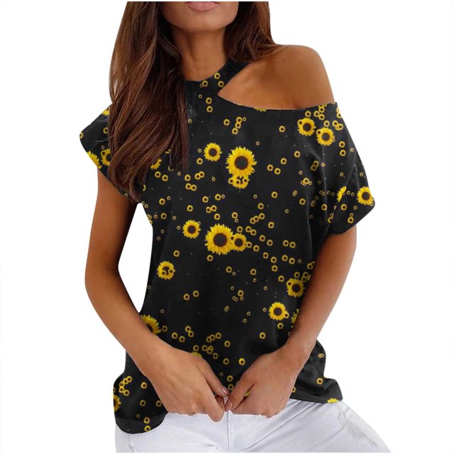 Mujeres Verano Cuello Redondo Manga Corta Estampado Sin Tirantes Camiseta Tops Blusas OAVQHLG3B Store lin121212