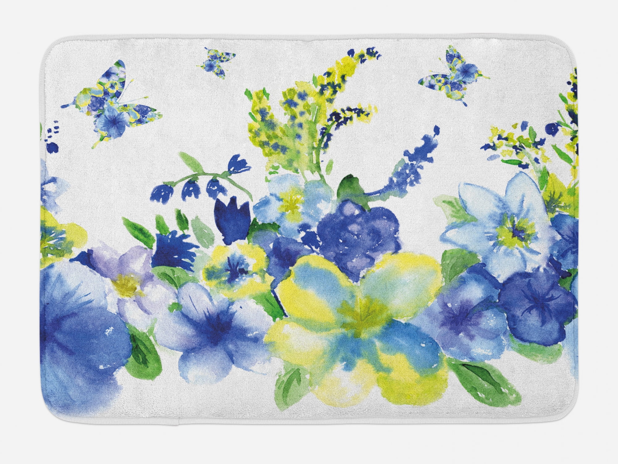 Yellow and Blue Bath Mat, Spring Flower Watercolor Flourishing Vibrant