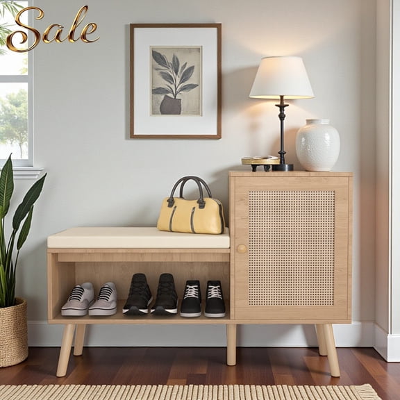GZXS 2-in-1 Entryway Shoe Storage Bench with Padded Seat Cushion, Wooden Bench with Faux Rattan Doors and Shoe Organizer Shelf, Natural