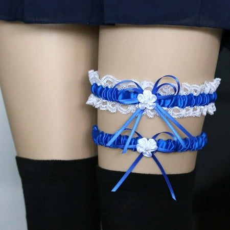 

Grofry 2Pcs/Set Vintage White Lace Wedding Garter Belt for Bride Leg Garter Set with Flower Handmade Royal Blue