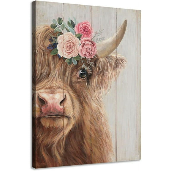 Aaheei Highland Cow Canvas Wall Art Farmhouse Animal Picture Wall Decor, Funny Cow Flower Painting Poster Mural for Bedroom