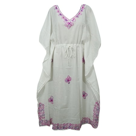 - Mogul White Kimono Sleeve V Neck Cotton Beach Caftans Bikini Cover Ups Sexy Kaftan Swimsuit Comfy Dress L