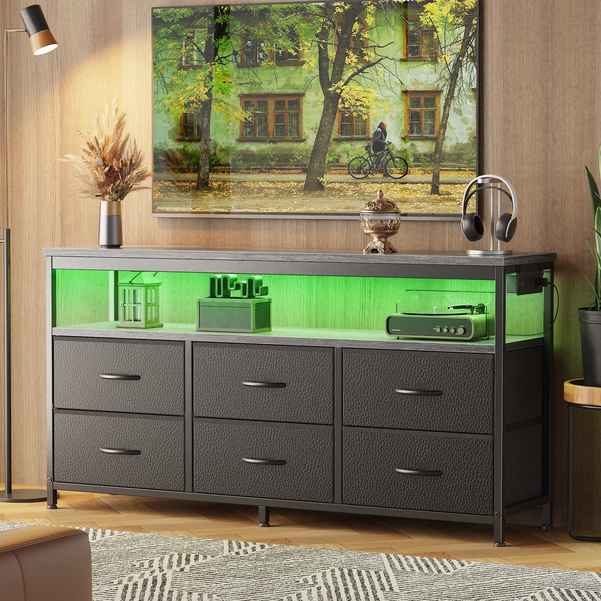 Amadwell 47 Inch LED TV Stand Dresser for 55 Inch TVs, 6 Drawer Entertainment Center with Power Outlets, Media Console with Storage