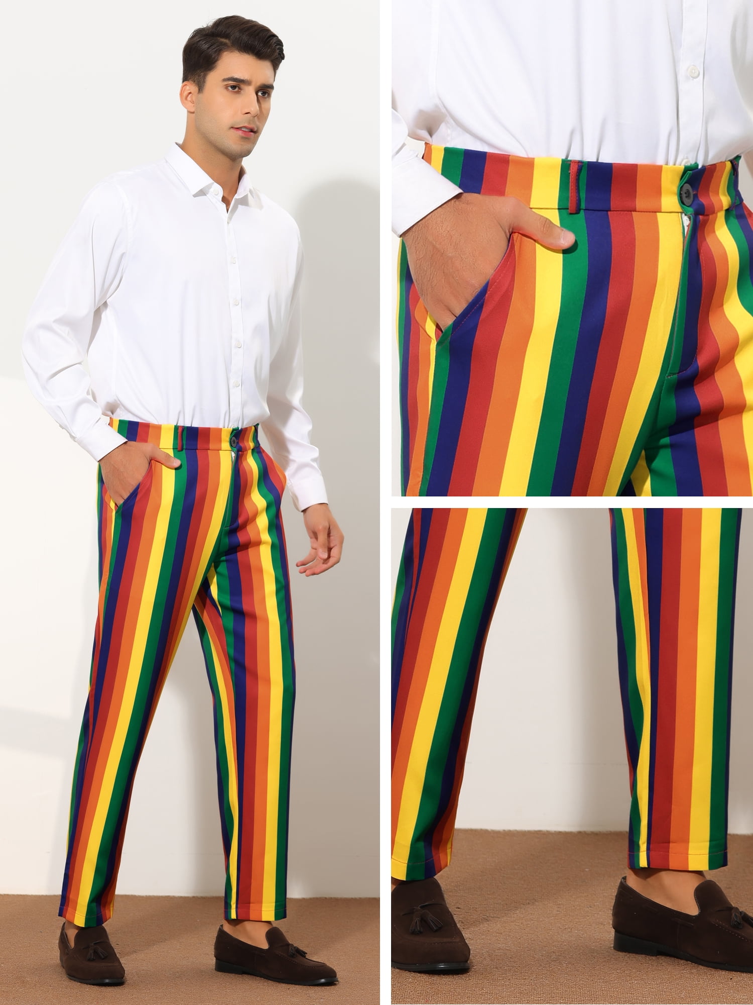 Unique Bargains Men's Striped Dress Pants Color Block Rainbow Stripe Trousers 28 Blue Red