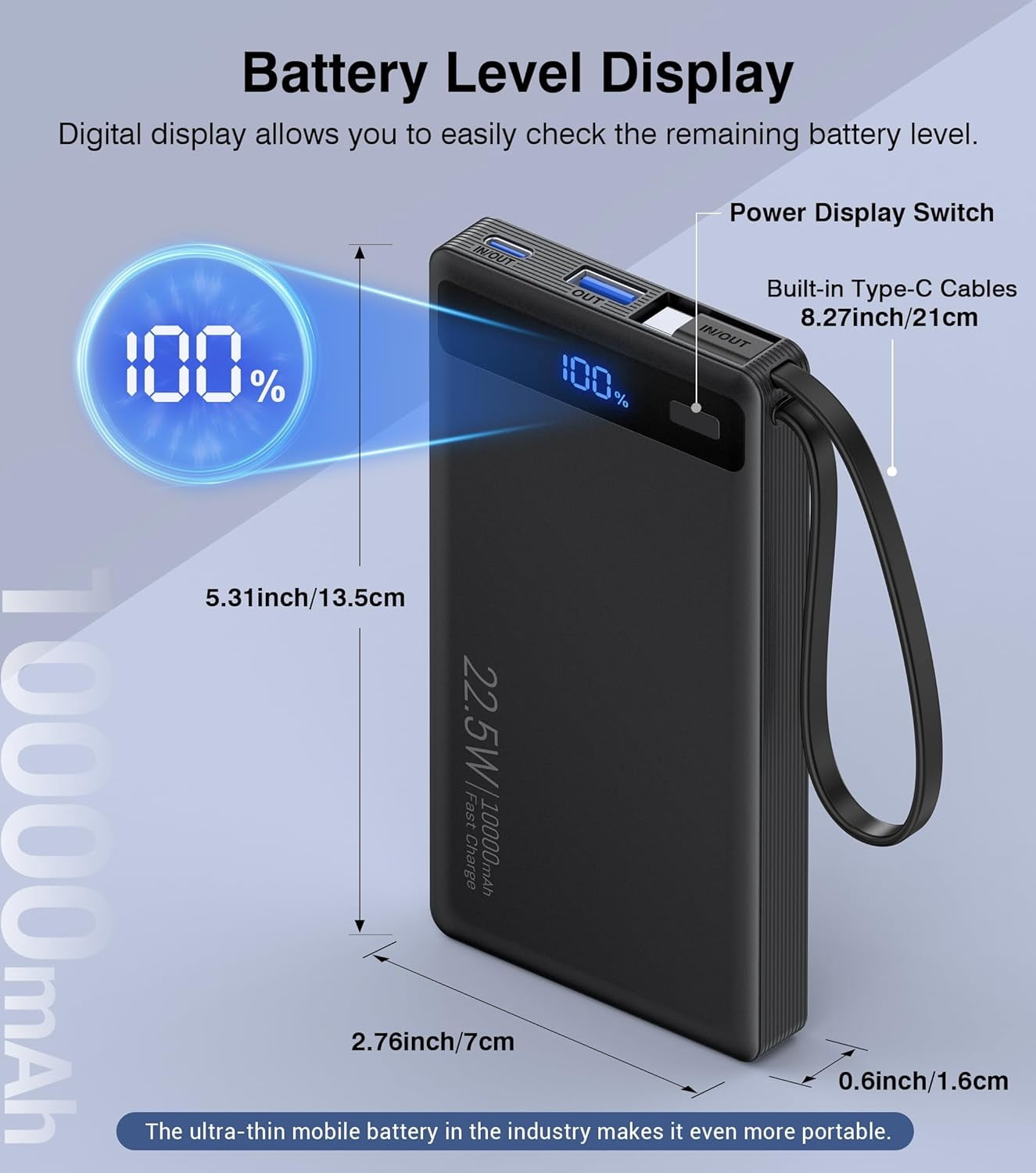 Power Bank with 2 Built-in Cables 10000mAh, 22.5W PD Slim Portable Charger USB C Battery Pack, Travel Essentials Fast Charging Powerbank Compatible with iPhone 17 16 15 14 Plus Pro Samsung iPad etc