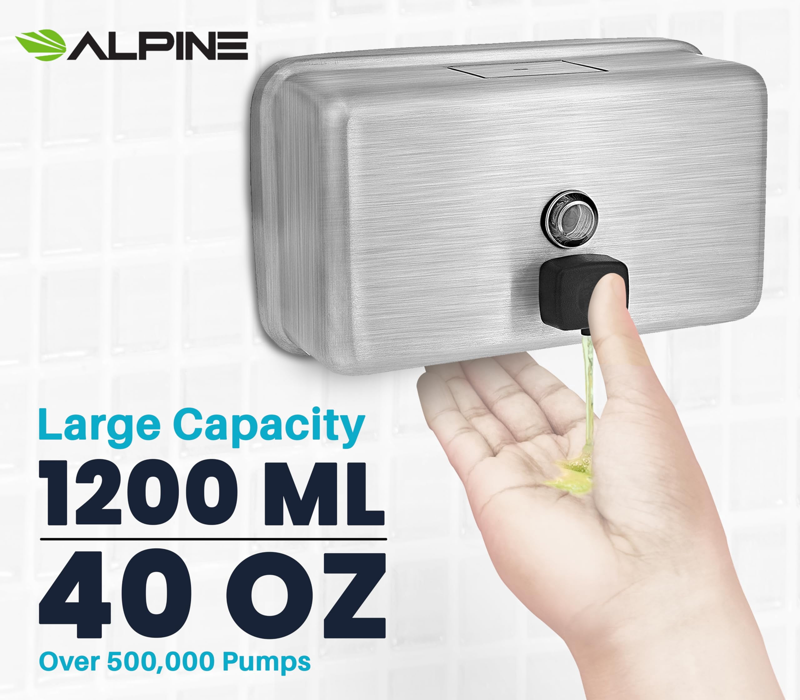 Alpine Stainless Steel Soap Dispenser Wall Mount - Commercial Liquid Soap Dispenser Perfect for Bathroom, Kitchen, Refillable 1200 ml ADA Compliant (Horizontal)