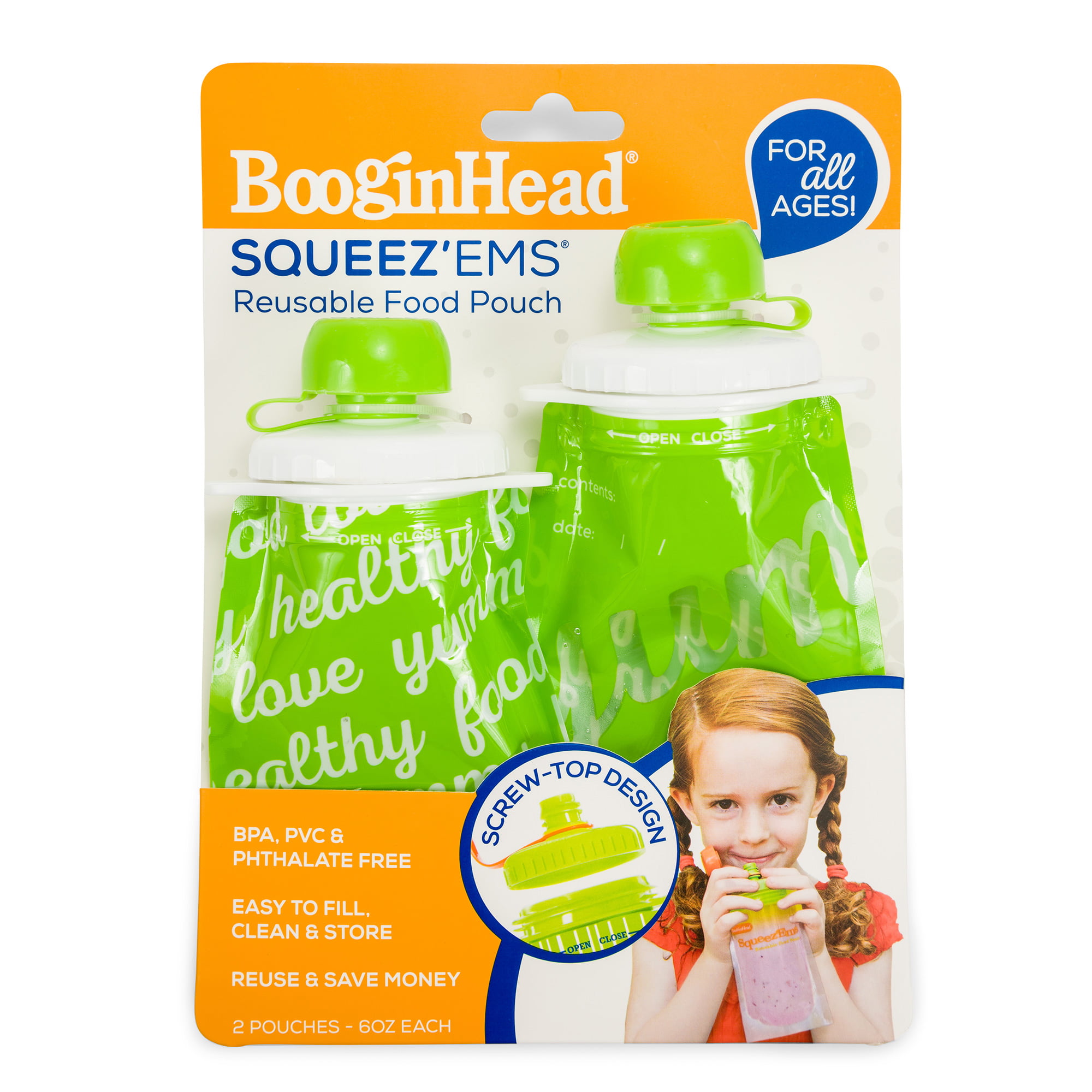 4 PACK BOOGINHEAD SQUEEZEMS TRAVEL EASY FILL SAFE BPA FREE REUSABLE FOOD POUCHES 
