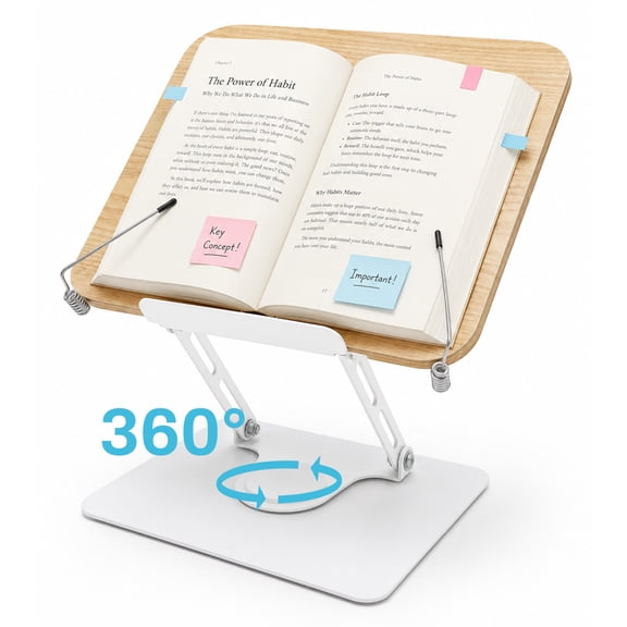 Behome Wood Book Stand, Adjustable Cookbook Stand with 360°Swivel Base & Page Paper Clips, Foldable Book Holder for Music Book, Tablet, Kitchen & Office
