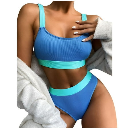 Summer Savings! Stamzod Women s High Waisted Athletic Swimsuit Sports Two Piece Ribbed Bikini Sets Crop Top Cheeky Triangle Bathing Suits On Clearance