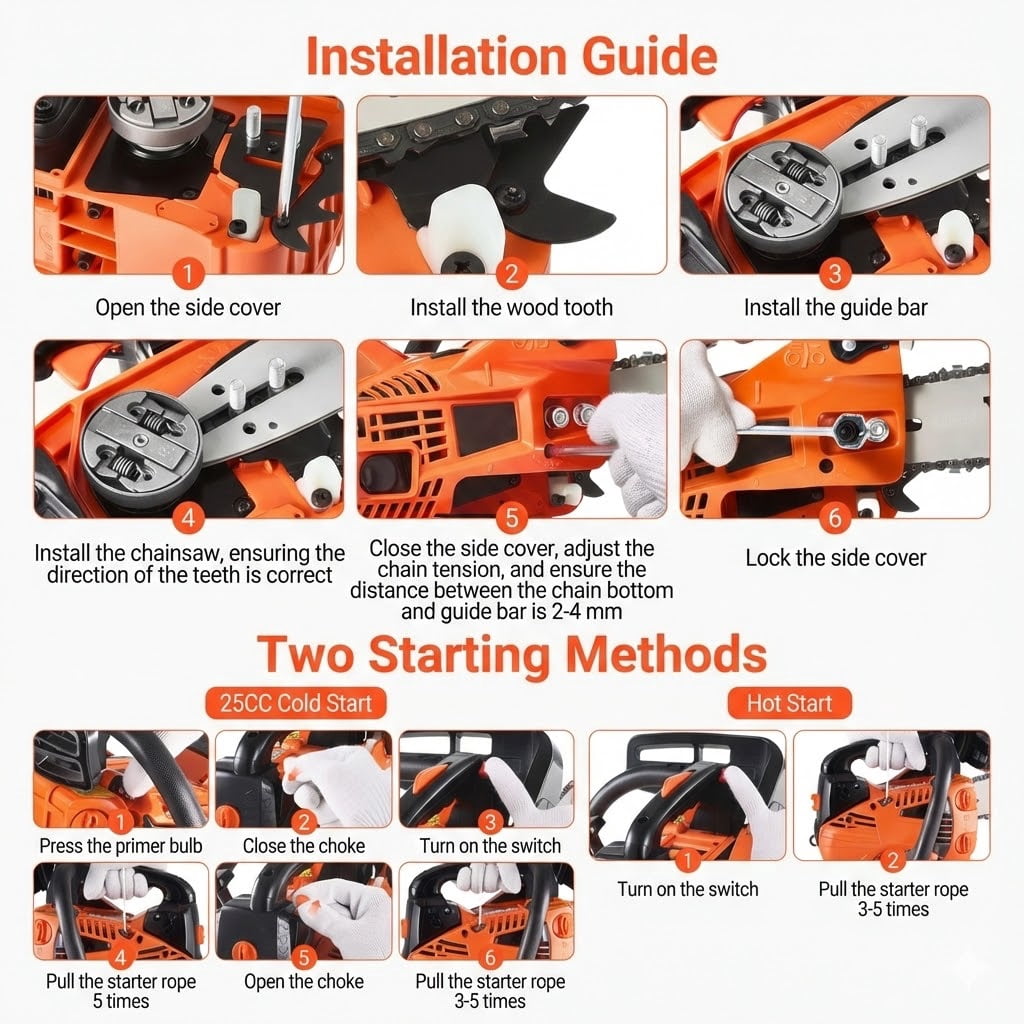 25.4CC 12" Gas Chainsaw, 1.2HP Gasoline Powered Handheld for Tree, Wood, Branch Cutting & Trimming, Land Clearing