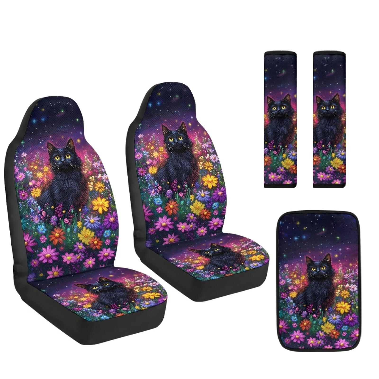 Xixirimido Car Seat Cover Set of 5 Pieces Front Seat Covers with Matching Seat Belt and Center Console Covers PU Leather Fits Most Vehicles, Black Cat Colorful Daisy