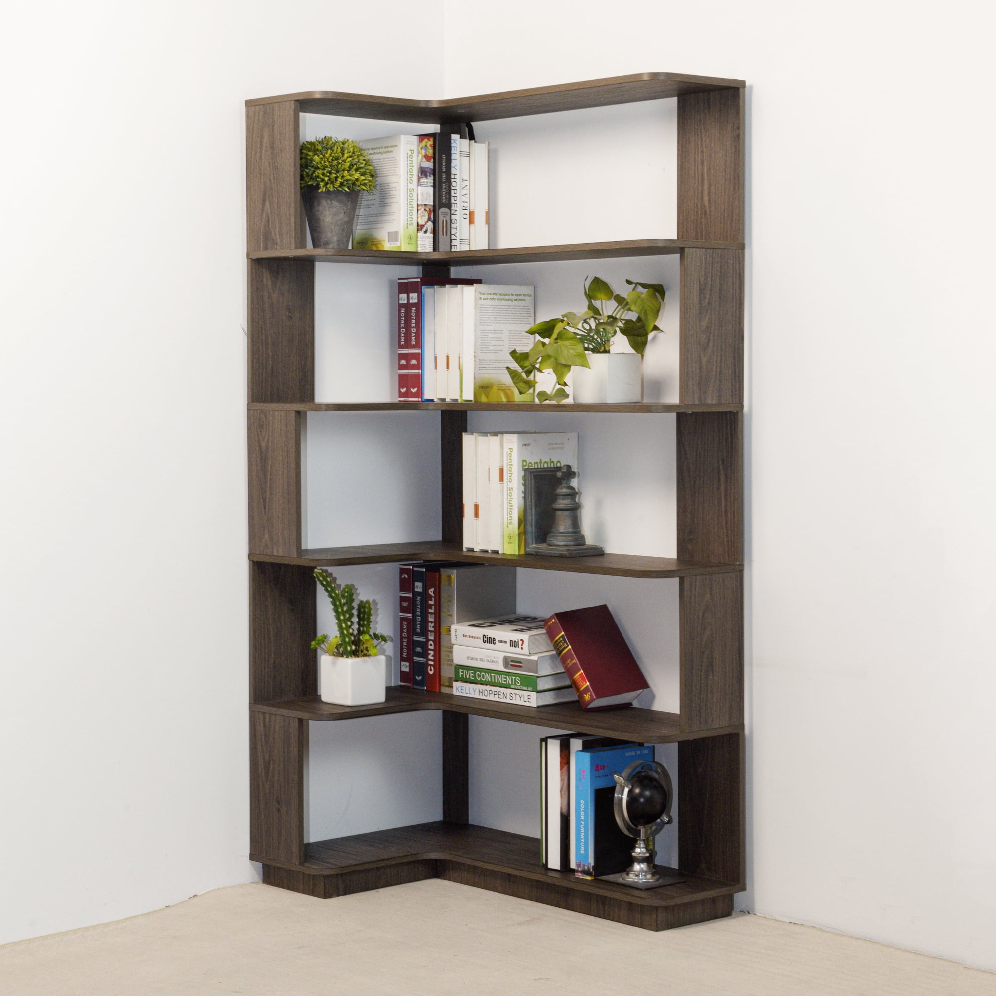 Leumius 5 Tier Freestanding L-Shaped Corner Bookshelf,Wooden Bookcase with Anti-drop Panel and Anti Tipping Device, Display shelf Open Storage,Dark Brown