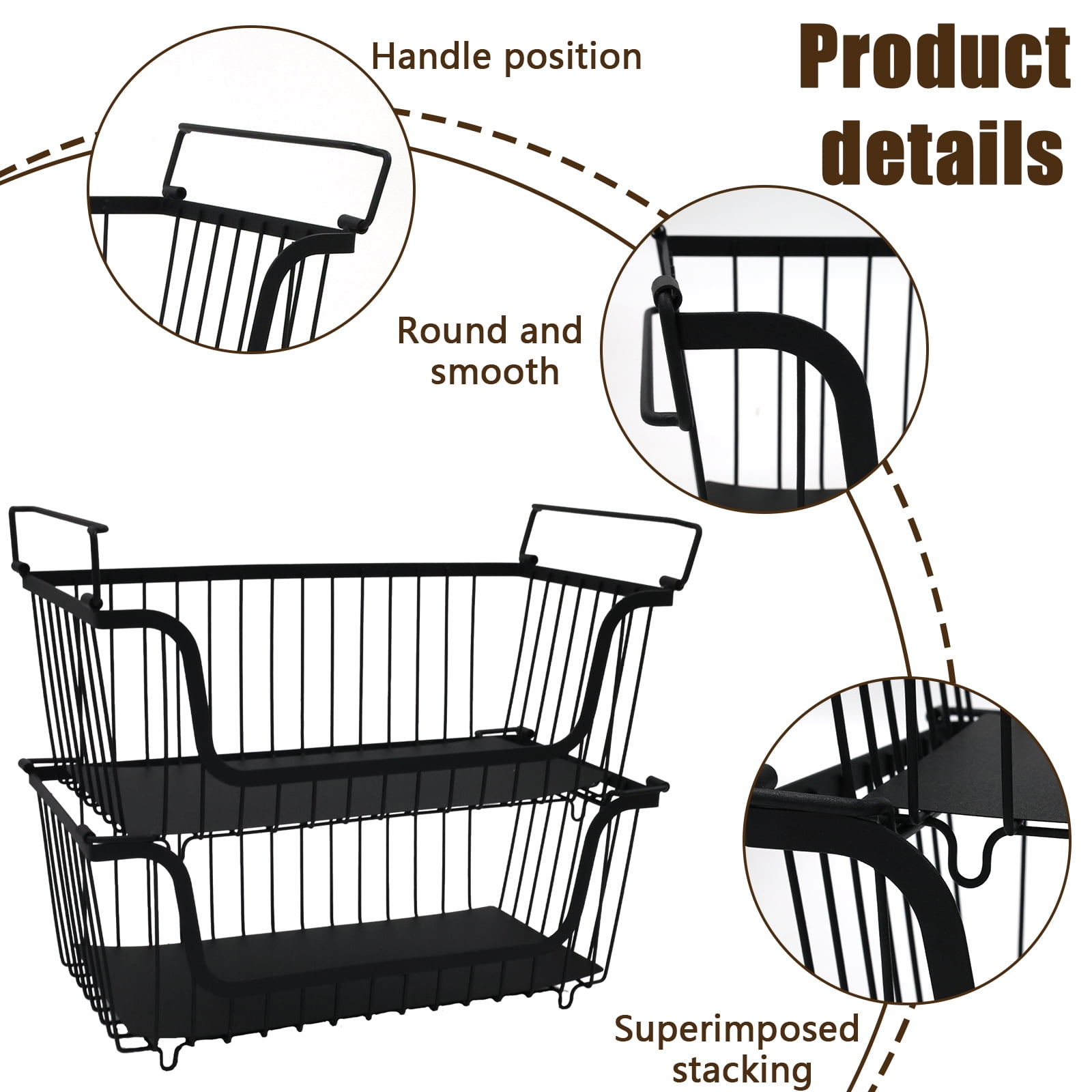 Pethiy 2-Pack Onions & Potatoes Storage Baskets, Stackable Metal Wire Organizer with Handles, Multi-Purpose Kitchen Pantry Produce Storage for Root Vegetables