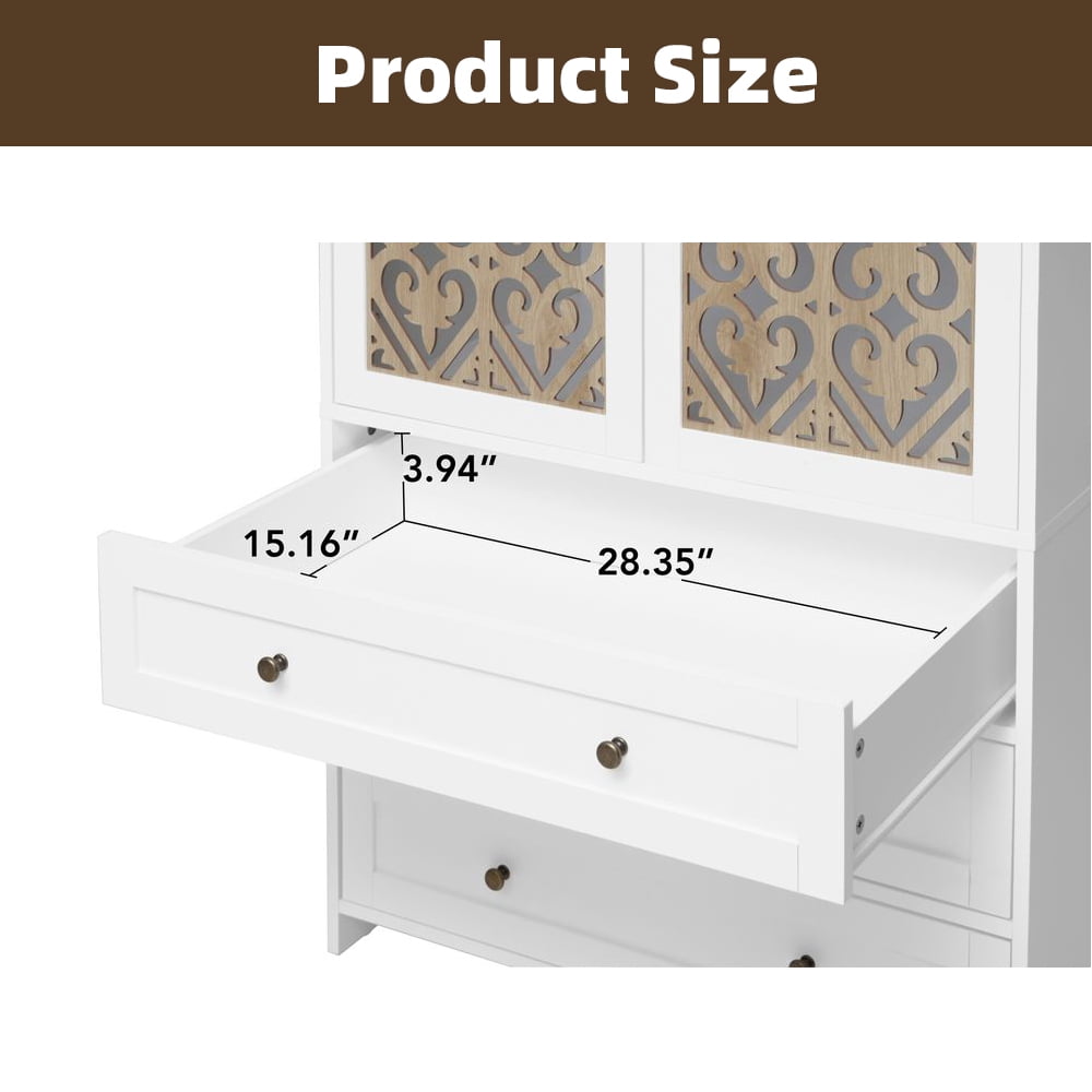 WARMMUSE Wardrobe Closet, Modern Wood  2-Door 3-Drawer Armoires and Wardrobes w/ Hollow Pattern,  Clothes Hanging Rod,  31.4" W x 18.9" D x 71.0" H, White