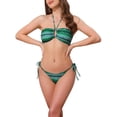 thumbnail image 1 of Conjuntos de bikini de patrón de ondas a rayas en bloques de color para mujer, traje de baño de 2 piezas con top halter y parte inferior triangular, grande, verde, 1 of 5
