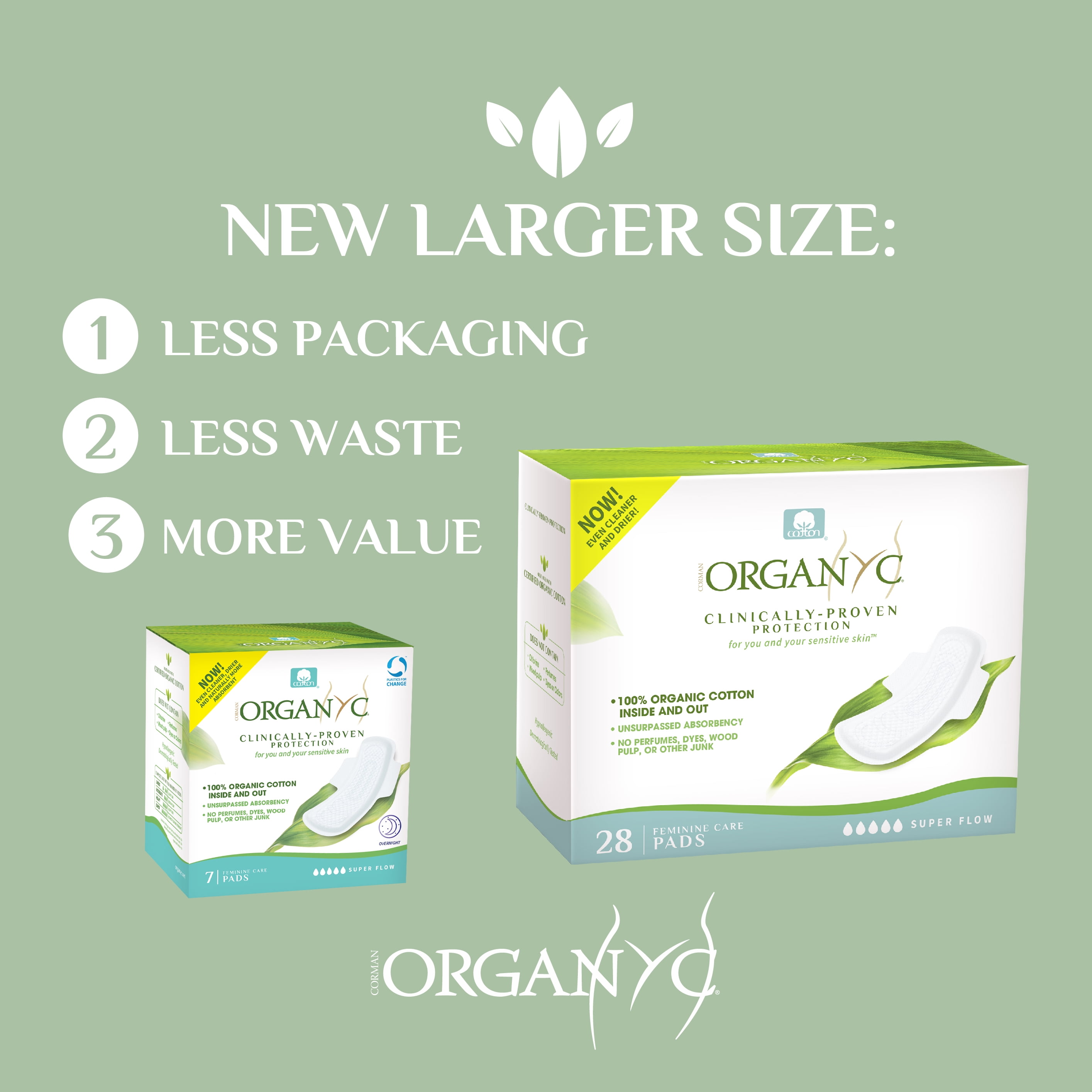 Corman Organyc Overnight Pads, Heavy Flow, Super Absorbent, 28 Count