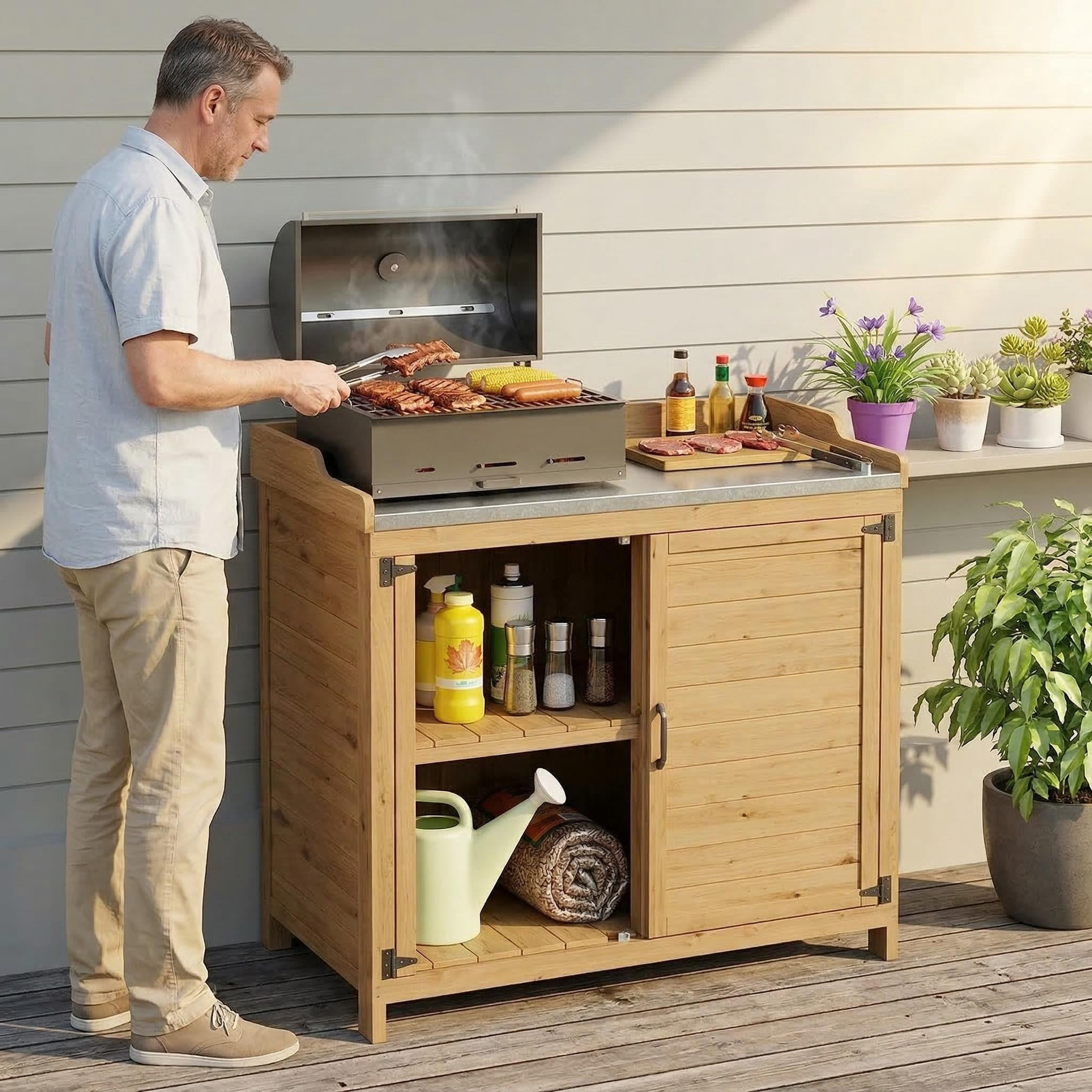 Lofka Outdoor Wooden Storage Cabinet with Potting Bench, Natural Wood Color, Weatherproof Garden Work Station, Patio Tool Shed for Backyard