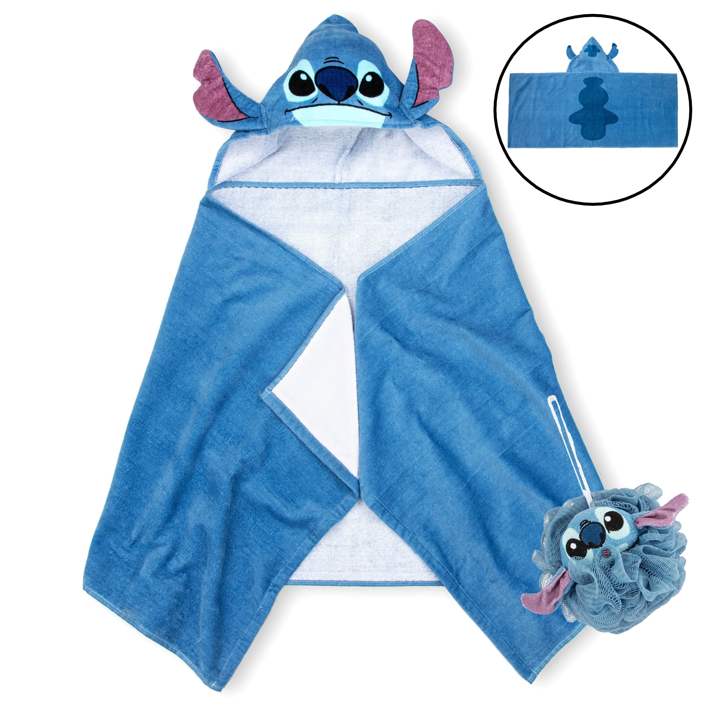 Stitch Kids Hooded Towel and Character Loofah Set, Cotton, Blue, Disney