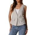 thumbnail image 2 of INSPIRE CHIC Women's Casual Linen V Neck Sleeveless Single Button Breasted Lightweight  Waistcoat XS Beige Gray, 2 of 6