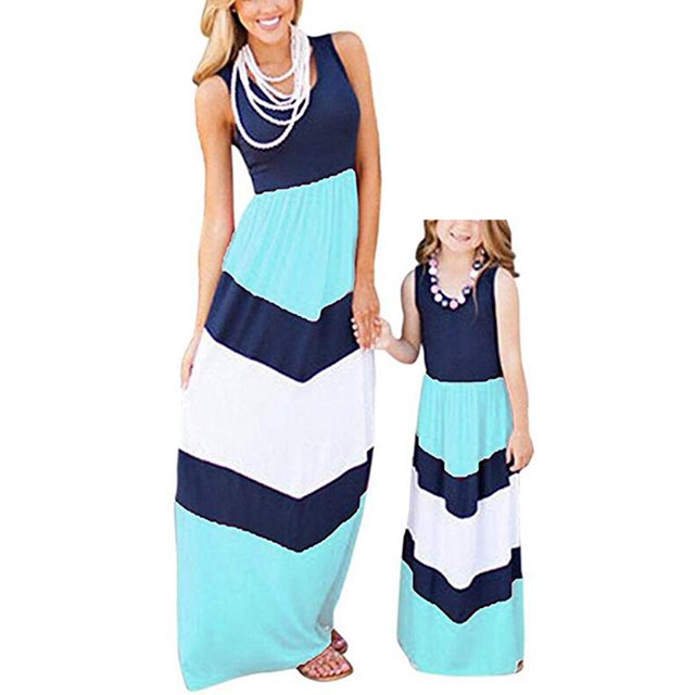 Summer Cute Mommy and Me Boho Striped Chevron Maxi Dresses Blue