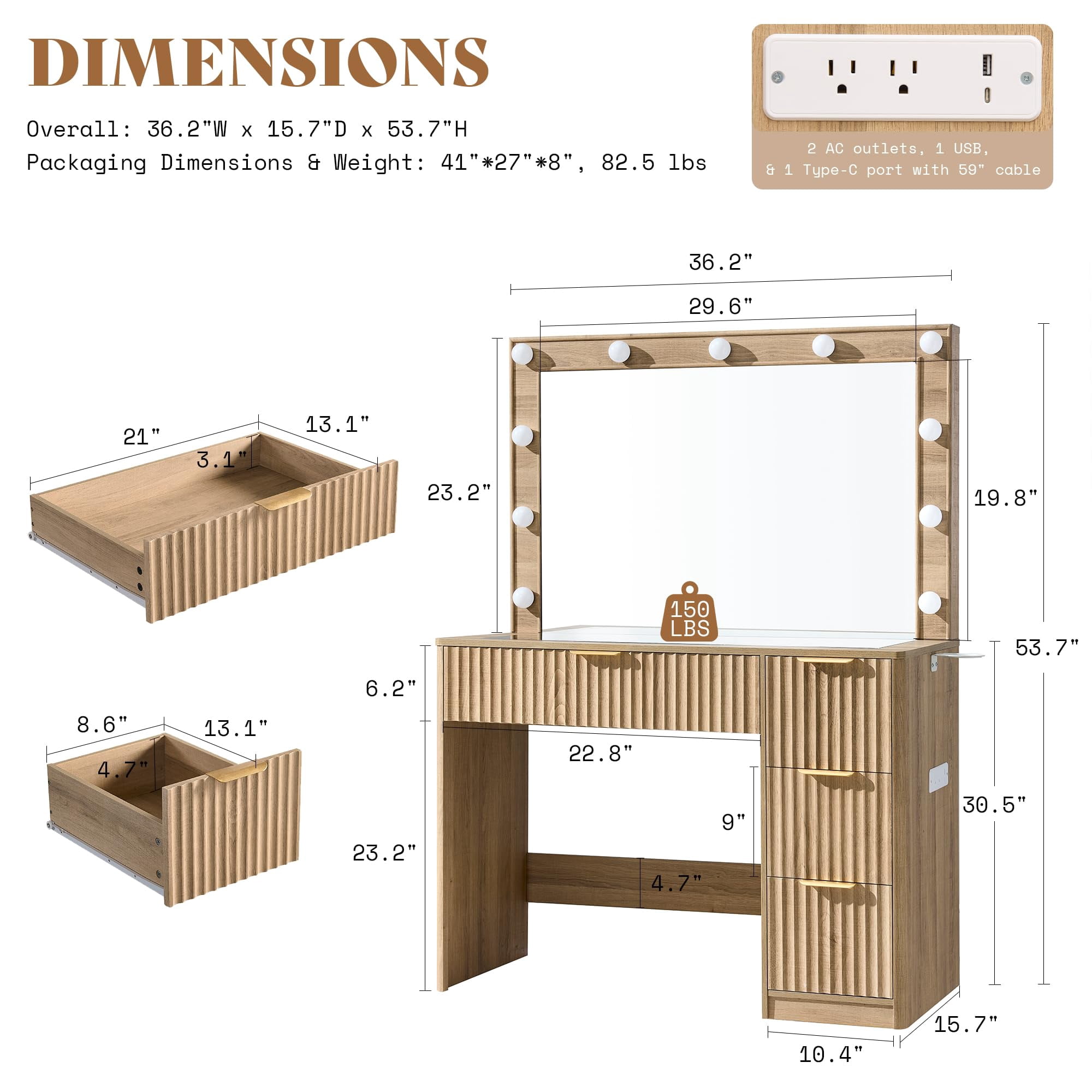 Merluxy 36.2" Girls Vanity Desk with Large Mirror and LED Lights, 4 Drawers Makeup Table with Glass Top and Charging Station for Women and Girls, Oak