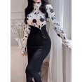 thumbnail image 4 of Black And White Floral Print High Neck Long Sleeve Slim-Fit Maxi Dress For Elegant Daily Or Evening Wear, 4 of 6