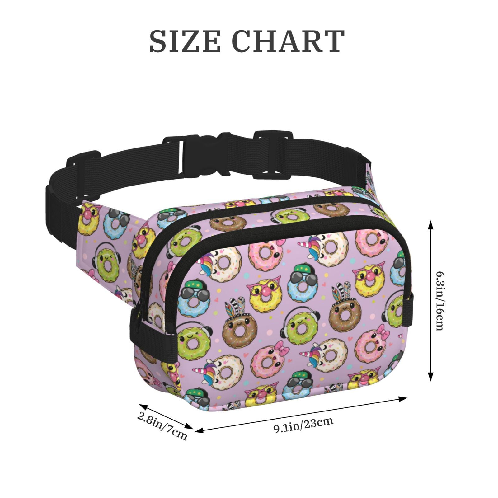 Picia Cute Donuts Print Square Double-Layer Waist Bag Mini Adjustable Waist Belt Bag Exercise Running Travel Hiking