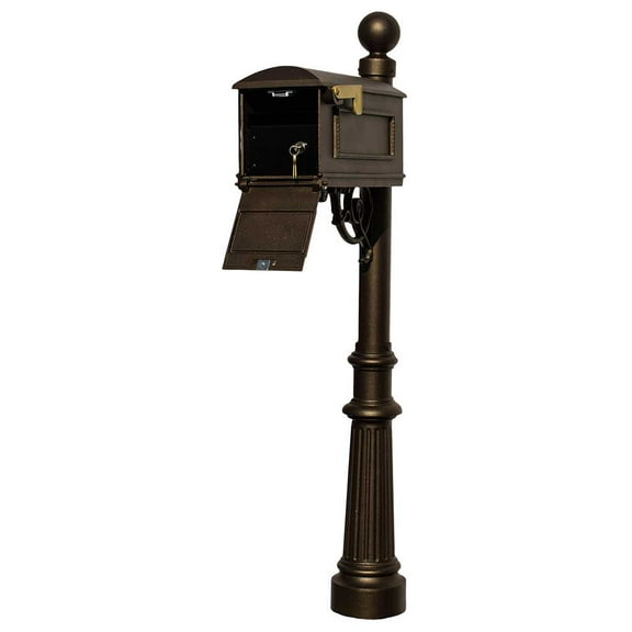Lewiston Equine Mailbox Post System with Locking Insert, fluted base, ball finial (No address plates or numbers) , Bronze