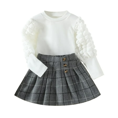 

EnJoCho Outdoor Clothes for Baby Toddler Kids Baby Girls Puff Sleeve Long Sleeve T Shirt Tops Button Woolen Plaid Skirts 2PCS Princess Outfits Clothes Set Party Wedding Clothing Set