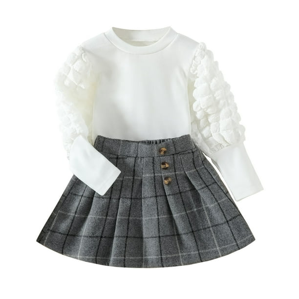 Gibobby Conjunto de 2 uds de sudadera y pantalón para niños pequeños, bebés, Niñass, camiseta de manga larga, Tops, faldas a cuadros de lana con botones(Gris, 4-5 Años)