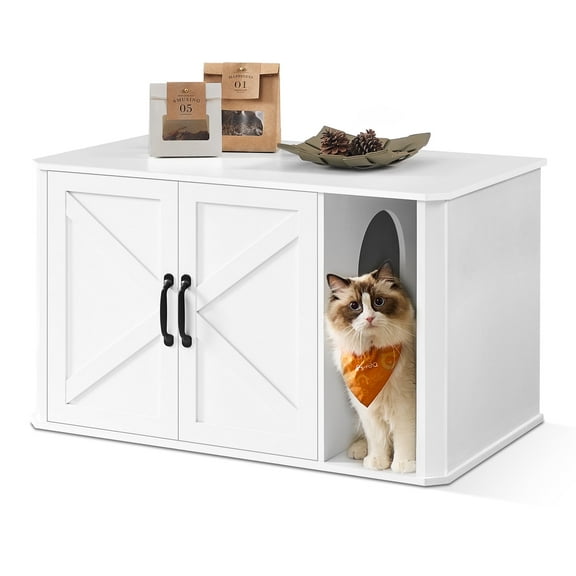 Litter Box Enclosure, Modern Cat Litter Box Furniture Hidden, with Front Entry, Double Doors, Handles, Cat House, Side End Table, 33.5 x 19 x 19.5 Inches, Cloud White
