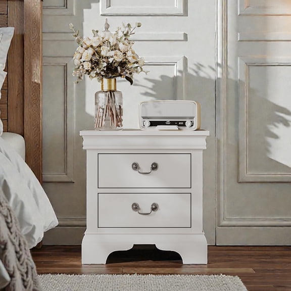 Rustic Nightstand with 2 Drawers, Classic Wood End Table Side Table for Bedroom Living Room, White