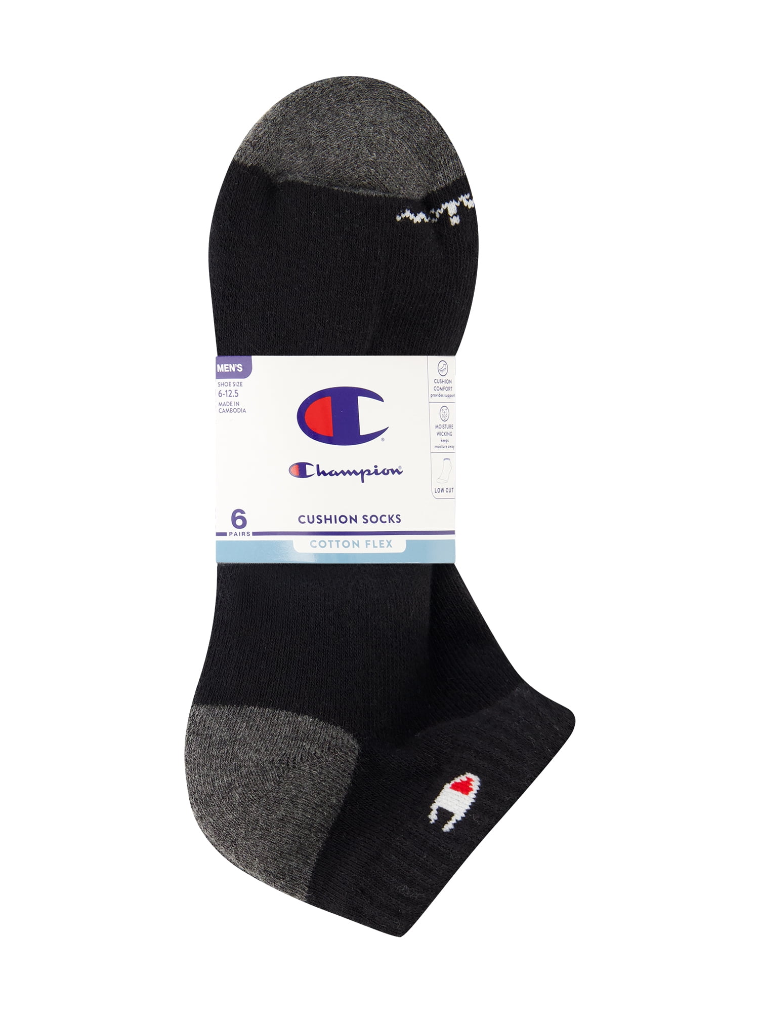 Champion Men’s Low Cut Socks 6 Pack – Half Terry Cushion, Moisture-Wicking, Arch Support, Stretch Comfort, Sizes 6–12.5