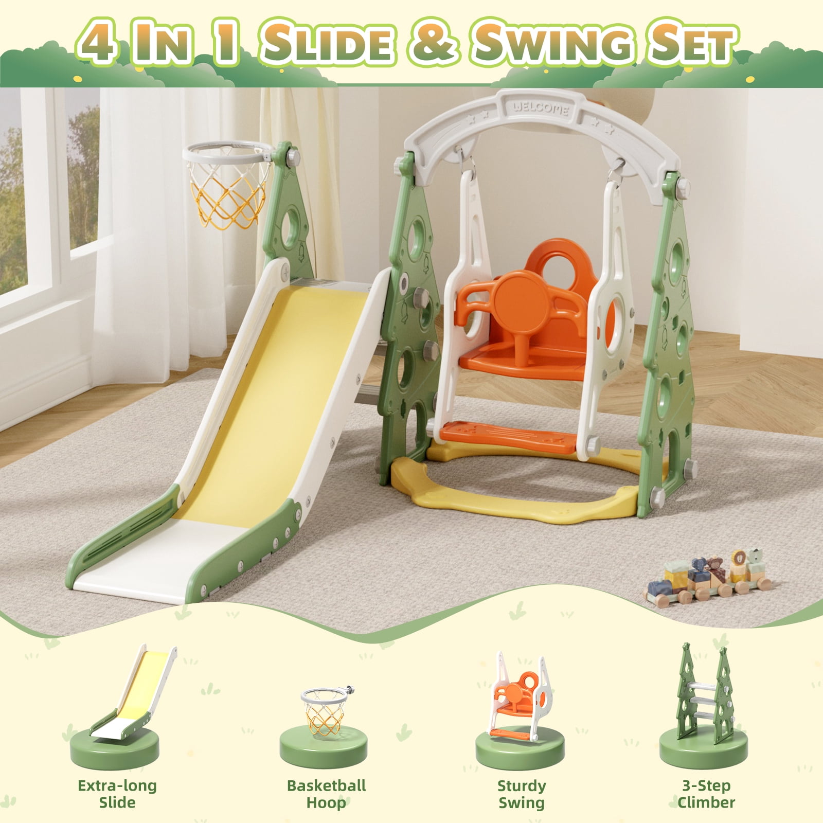 XJD 4-in-1 Toddler Slide and Swing Set, Kids Indoor Outdoor Playset with Basketball Hoop, Backyard Playground for Toddlers 1-3 Years Old, Green