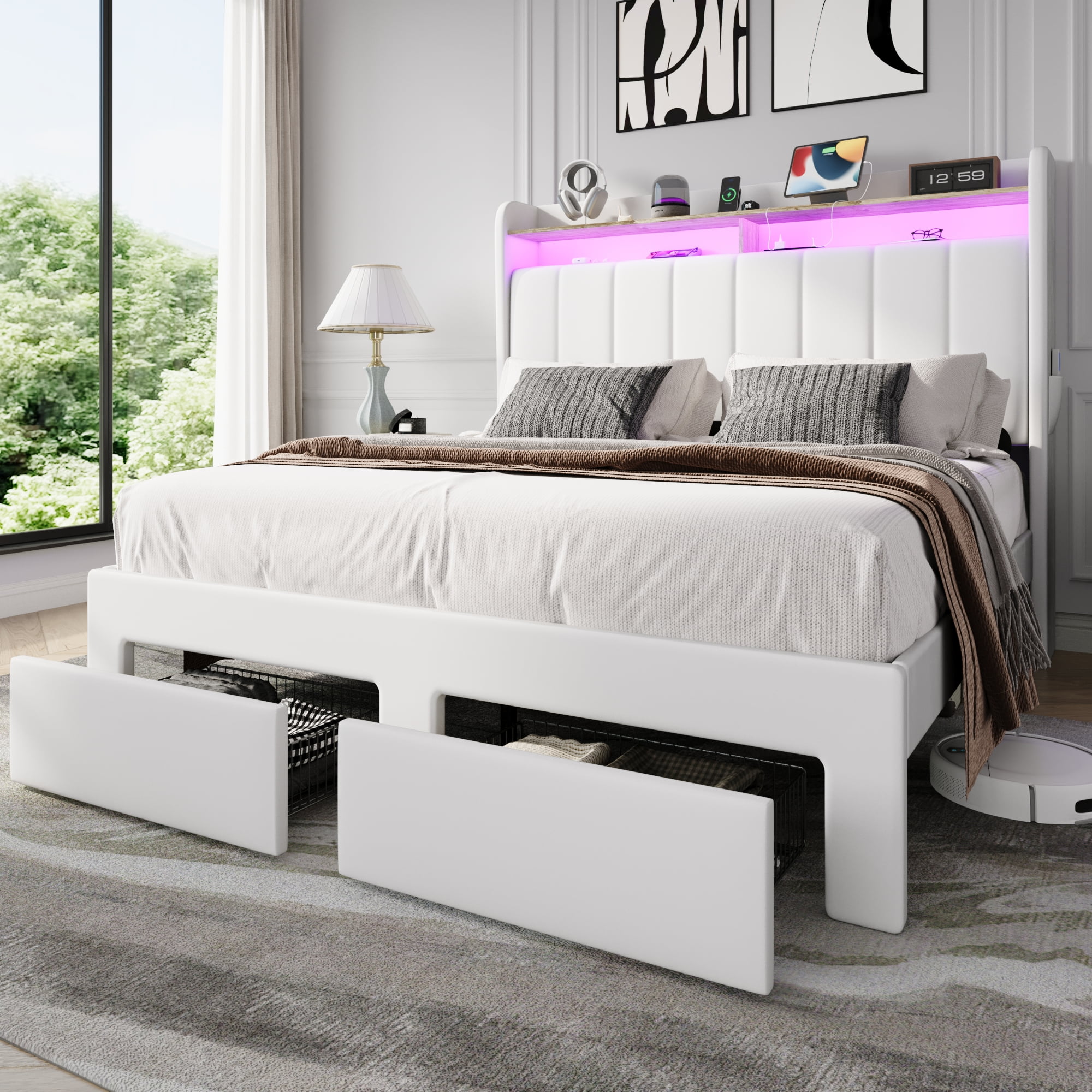 Amolife Queen Size Platform Bed Frame with 2-Tier LED Storage Velvet Wingback Headboard & 2 Storage Drawers, USB & Type-C Charging Ports, White