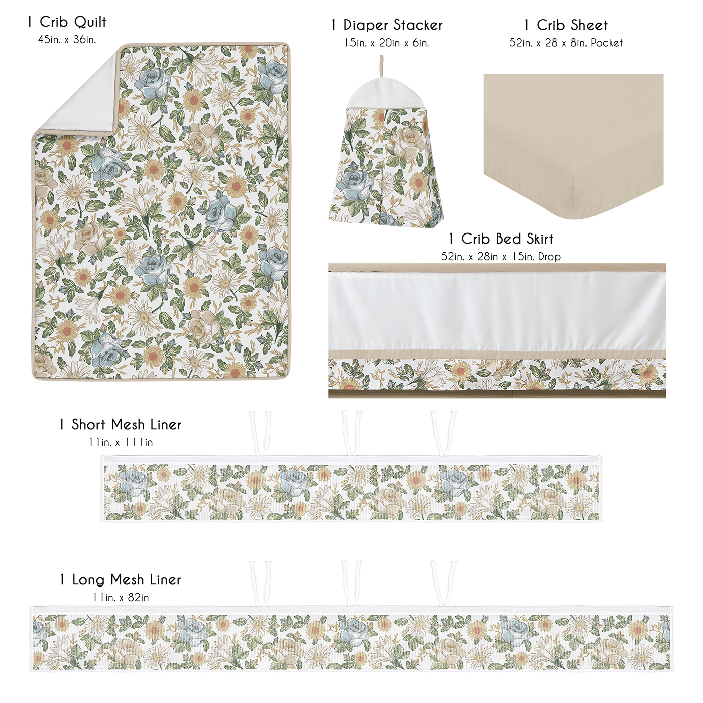 Sweet Jojo Designs Vintage Floral Blue and Yellow Girl Crib Bedding + BreathableBaby Breathable Mesh Liner