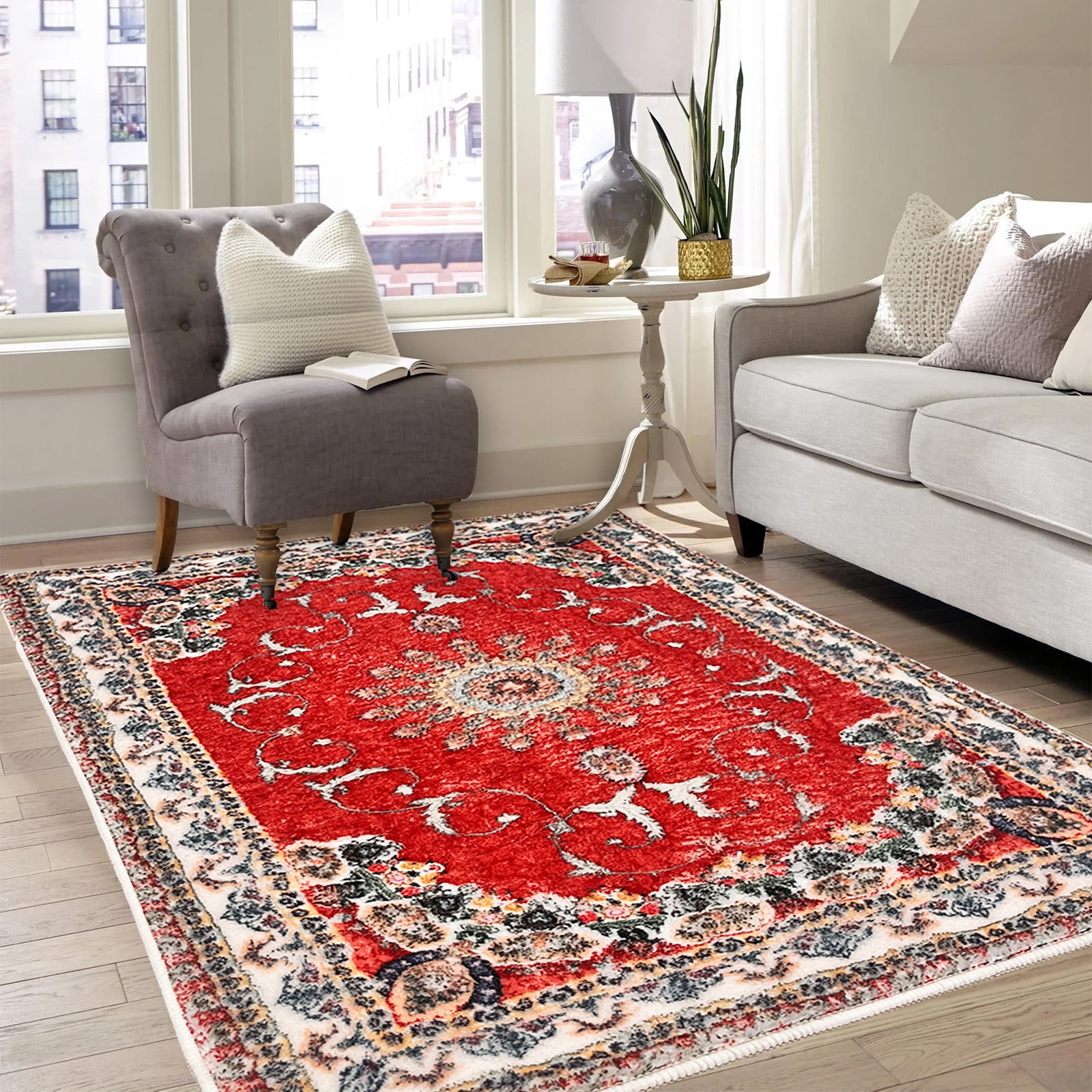 SUSUZI 5.3' x 7.5' Area Rug Boho Living Room Rug, Washable Low Pile Non Slip Carpet for Bedroom, Dining Room, Retro Area Rug Indoor
