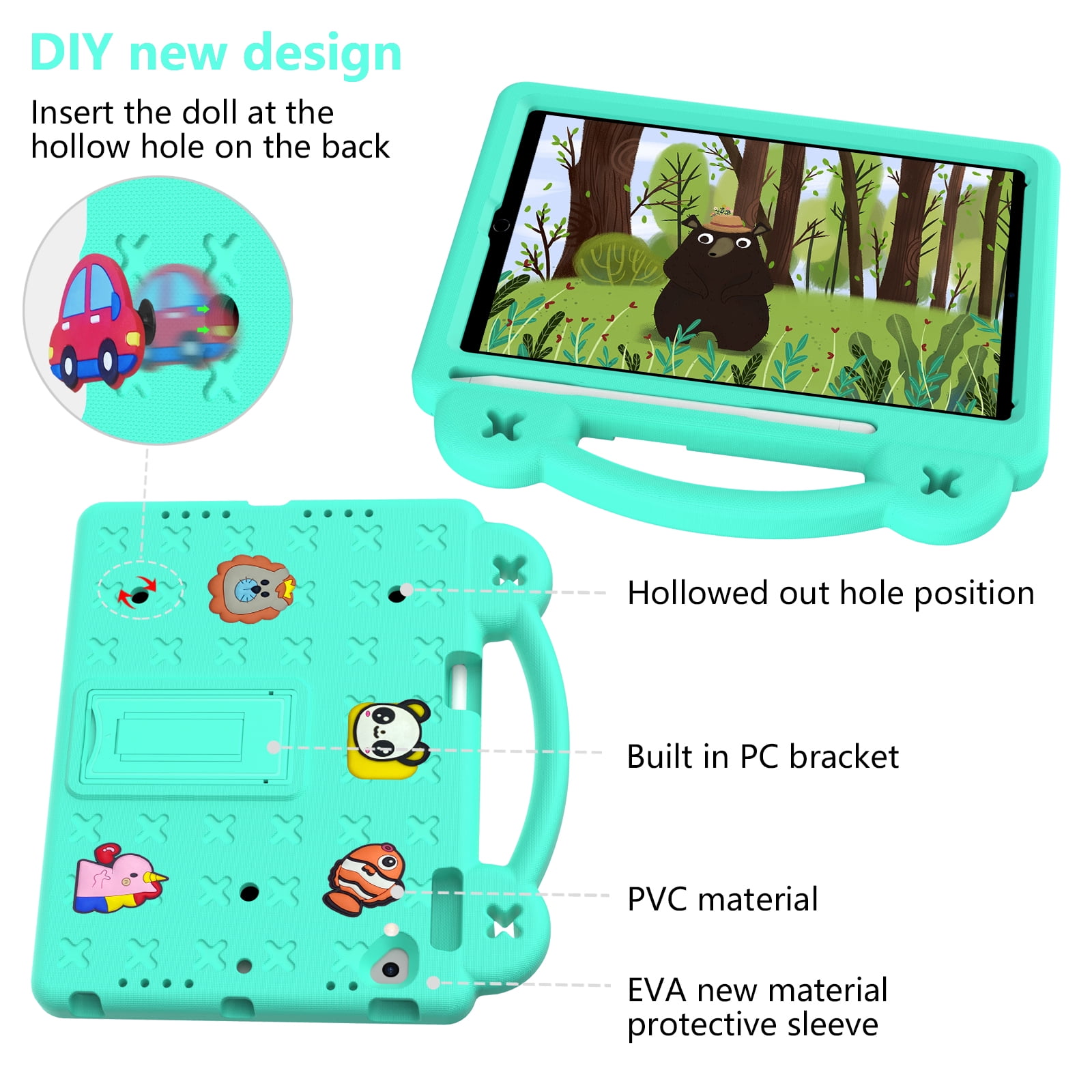 ELEHOLD Kids Case for iPad 6th/5th Gen/Pro (2018/2017/2016) 9.7 inch, EVA Foam Cute Cartoon Case with Built-in Kickstand Pencil Holder Shockproof Portable Case for iPad 9.7"/iPad Air/Air 2,Mintgreen