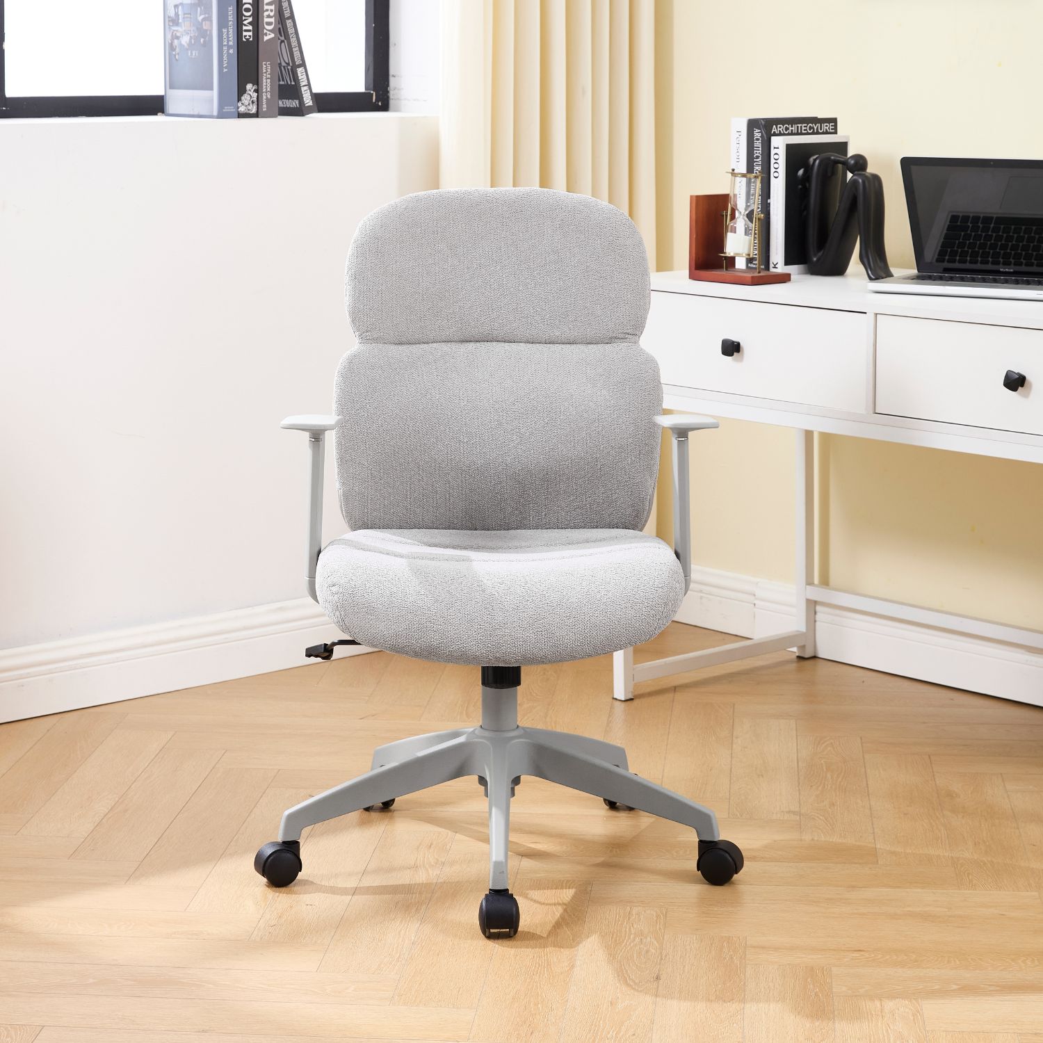 Dayalane Modern Adjustable Office Chair, Swivel Fabric Ergonomic Task Chair with Armrests, 90-120° Tilt Function and Wide Cushion Desk Chair for Home/Bedroom/Study/Office/Conference Room, Beige