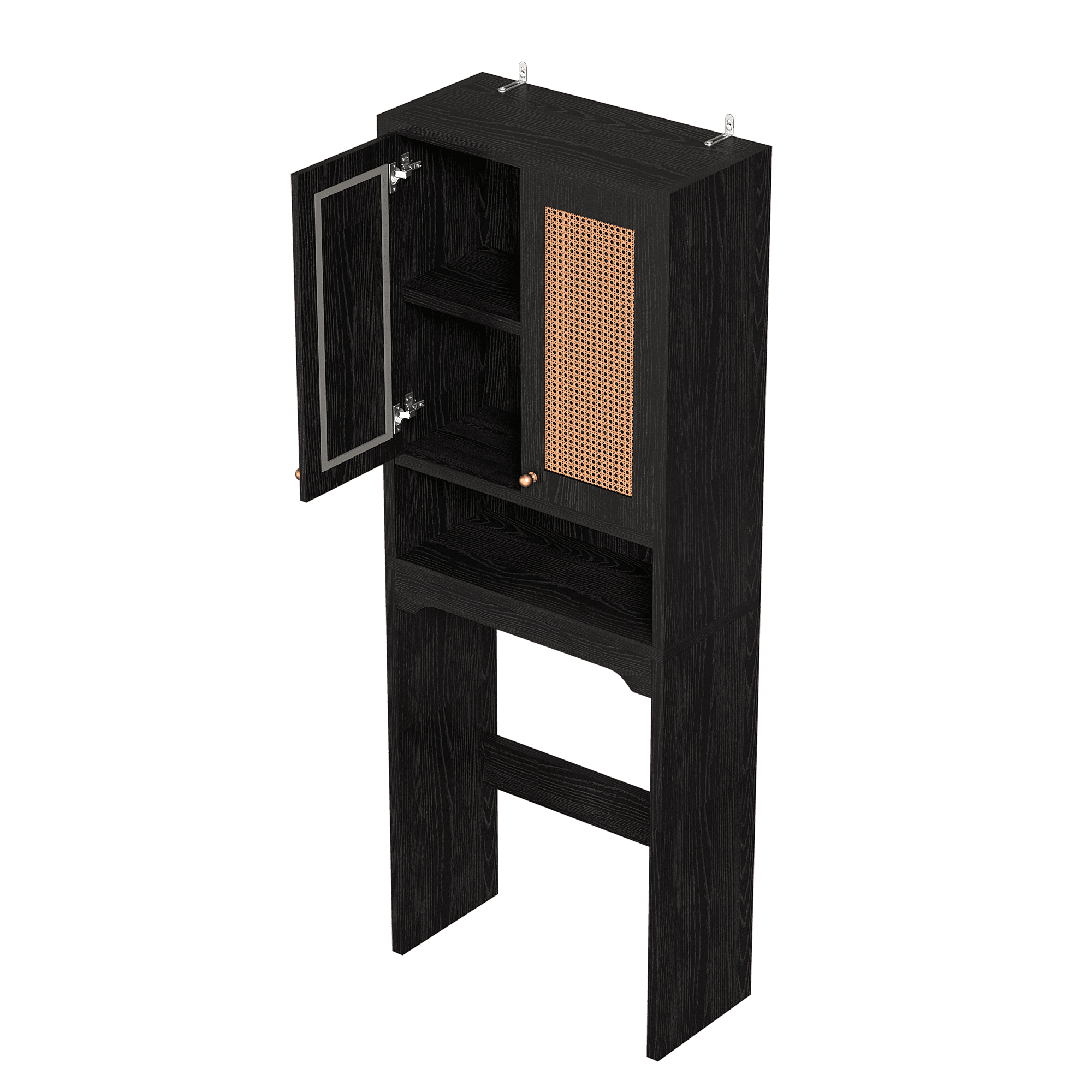 Mintazer Farmhouse Over The Toilet Storage Cabinet, Freestanding Bathroom Organizer Toilet Rack with 2 Rattan Doors, Black