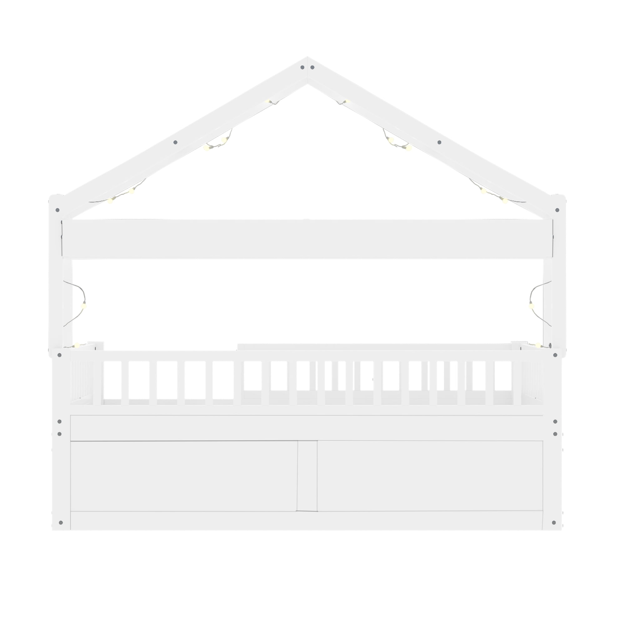 Mintazer Full Montessori Floor Bed with LED Lights & Bookshelf, Kids House Floor Bed with 3 Arched Cubbies & Drawer and Guardrail for Boys Girls Bedroom Playroom, White