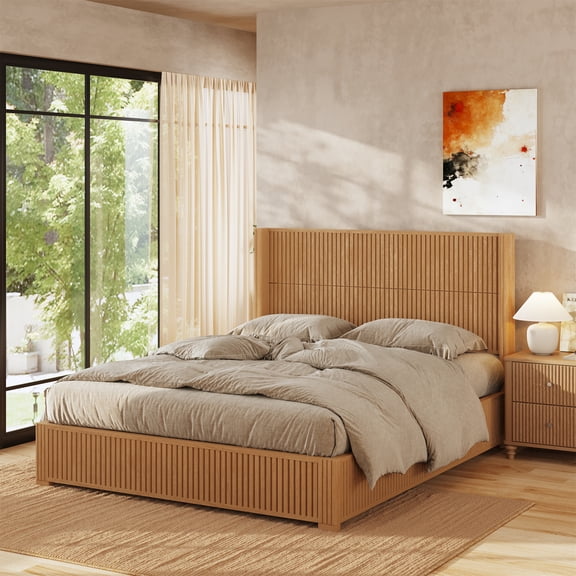 Solid Wood Platform Bed Frame with Headboard, No Box Spring Needed, Floor-standing bed, Easy Assembly, Queen Size, Natural