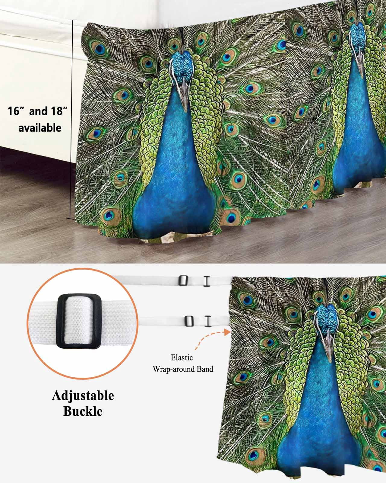 Peacock Feathers Wrap Around Bed Skirts for Queen Bed 16" Drop, Bed Skirt with Adjustable Elastic Belt Dust Ruffle Bed Valance for Bedroom Hotel Luxury Contemporary Aesthetic Art Bed Frame Cover