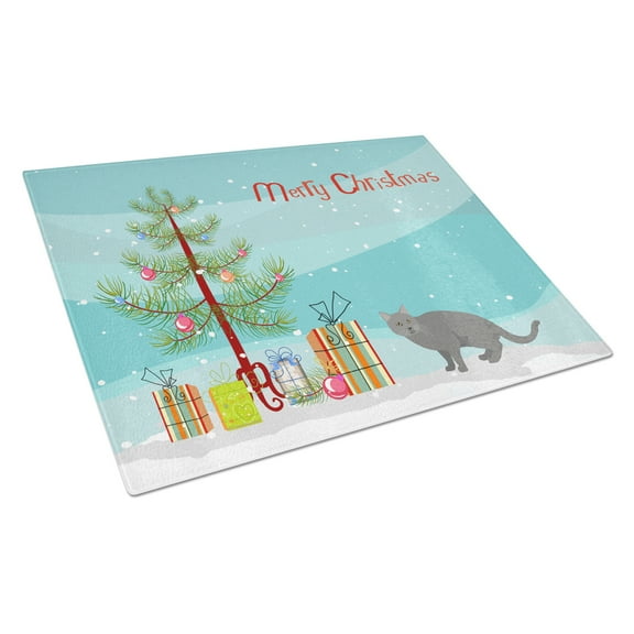 Caroline's Treasures CK4582LCB Chartreux #1 Cat Merry Christmas Glass Cutting Board Large, 12H x 16W, multicolor
