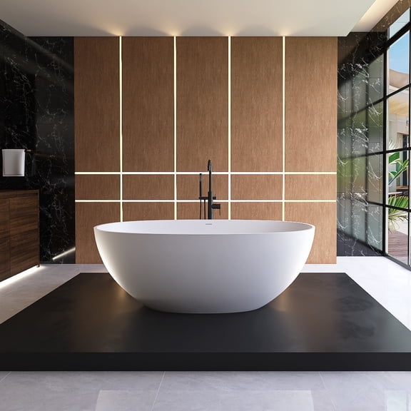 MEDUNJESS 61" Freestanding Solid Surface Resin Stone Bathtub, Modern Design Stand Alone Tub Soaking Tub with Overflow and Pop up Drain, Matte White