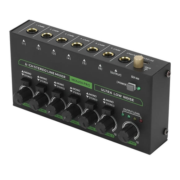 6 Channel Mixer, DJ Audio Mixer with RGB Light, 1/4 TRS TS Low Noise Stereo Mono Switching Line Controller Sound Mixer for Studio, DC 5V Power, 6.35mm Interface