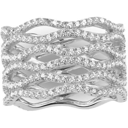White CZ Sterling Silver Rhodium-Plated 6-Row Latice Design Ring